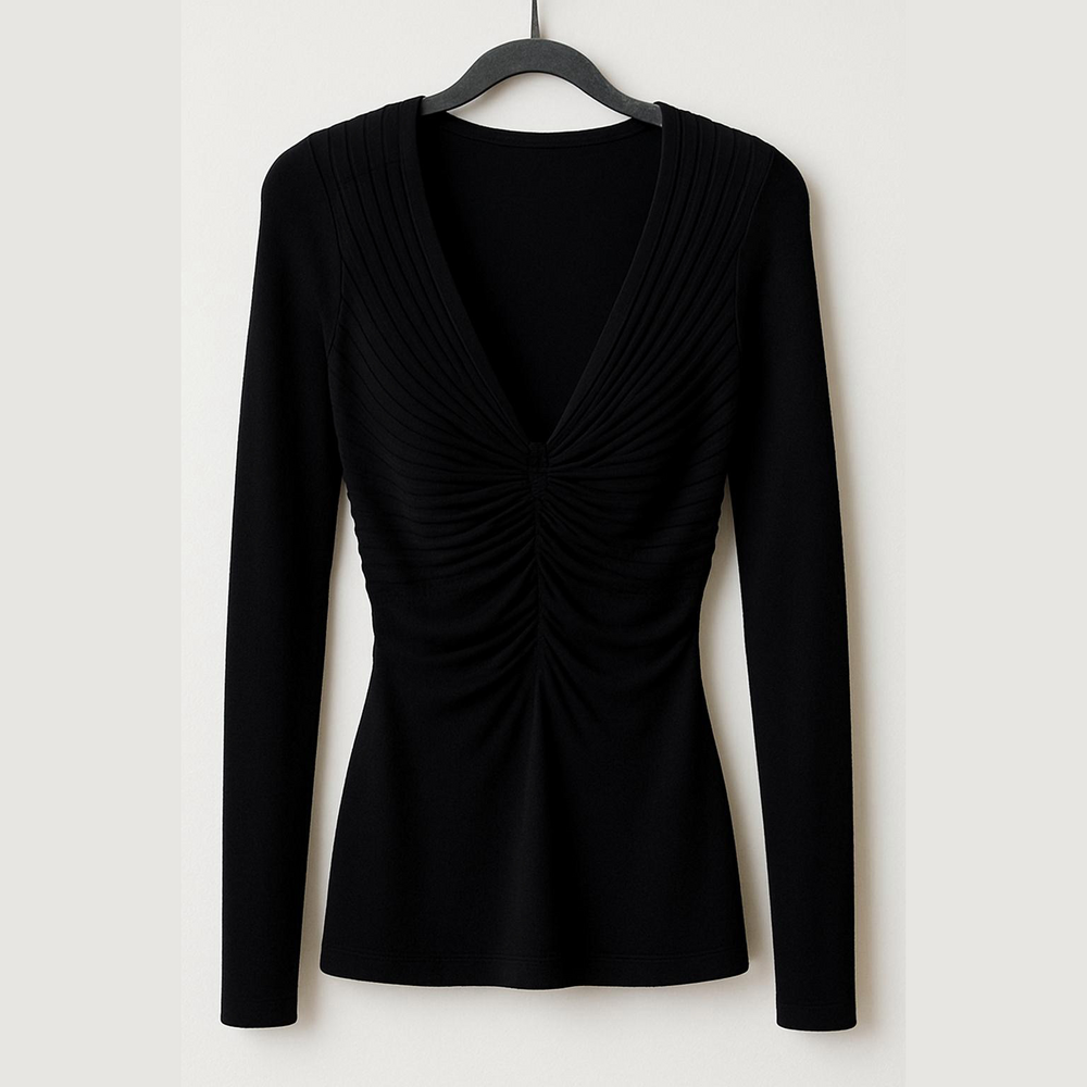 Candies Vintage Black deep V Knit long sleeve sweater L  ruched bodice.